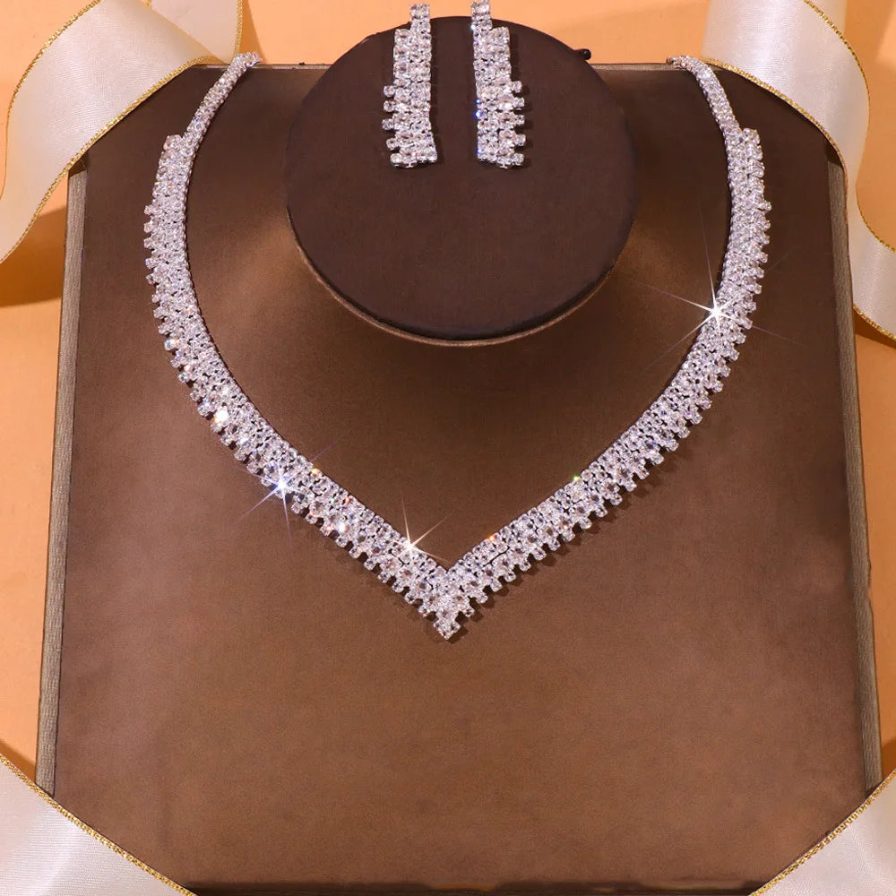Hot Sale Shiny CZ Zircon Crystal Necklace Earrings Set Europe Luxury Fashion Engagement Wedding Bridal Jewelry Set Women