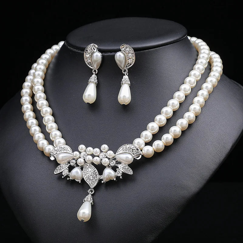 Multi-layer Two-piece Pearl Necklace Earrings Set