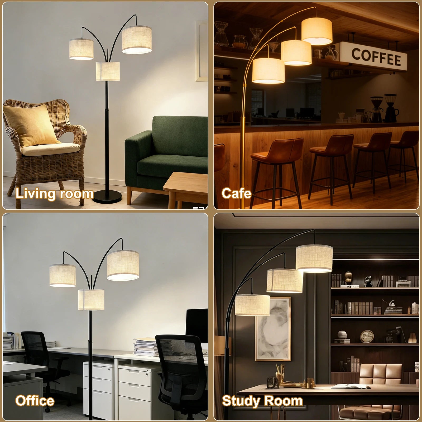 Mid-Century Arc Floor Lamp E26 3 LED Bulbs Adjustable Metal Pole Metal Shade High CRI 90 Dimmable Bedroom Living Room Office