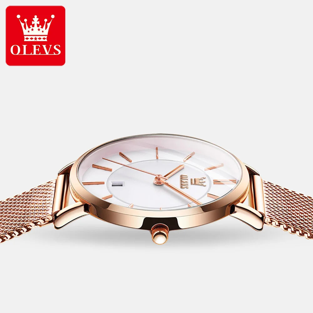 OLEVS Waterproof Fashion Casual Mesh Steel Strap Ultra Thin Elegant Luxury Women's Quartz Watch