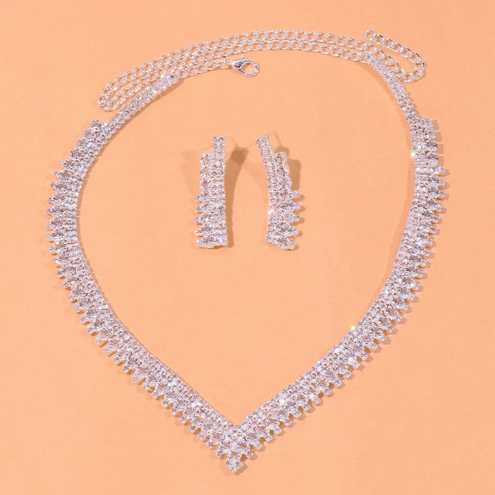 Hot Sale Shiny CZ Zircon Crystal Necklace Earrings Set Europe Luxury Fashion Engagement Wedding Bridal Jewelry Set Women