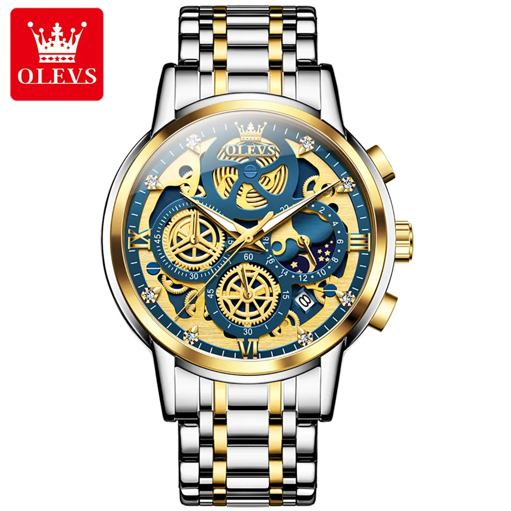OLEVS Hollowed Out Skeleton Watch Moon Phase  Design Luxury  Quartz Watch for Men