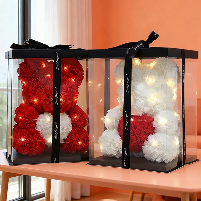 Valentine Gifts Decoration Rose Bear Artificial Flower With Box Lights Teddy Bear for Women Girlfriend Birthday Gift Love Flower