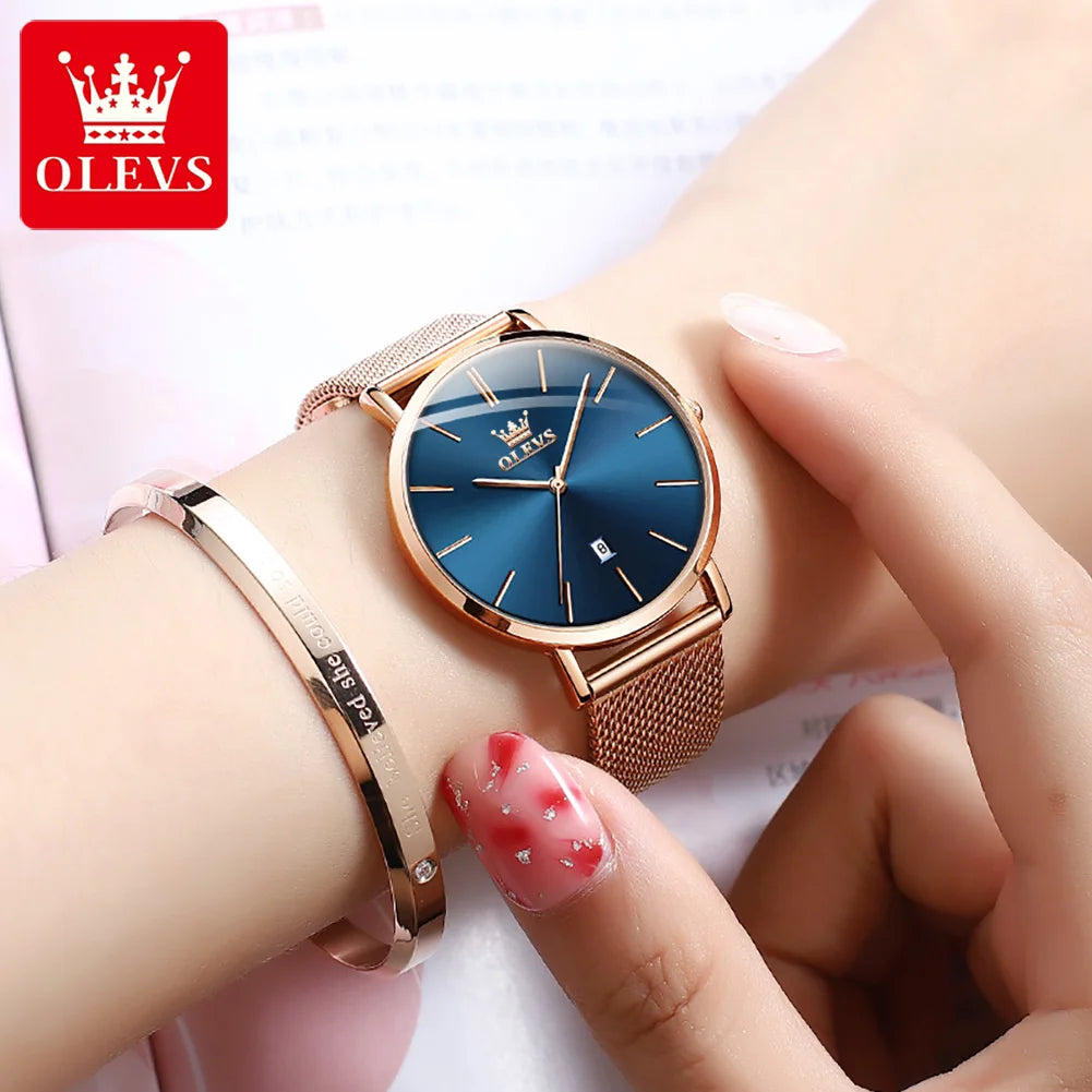 OLEVS Waterproof Fashion Casual Mesh Steel Strap Ultra Thin Elegant Luxury Women's Quartz Watch