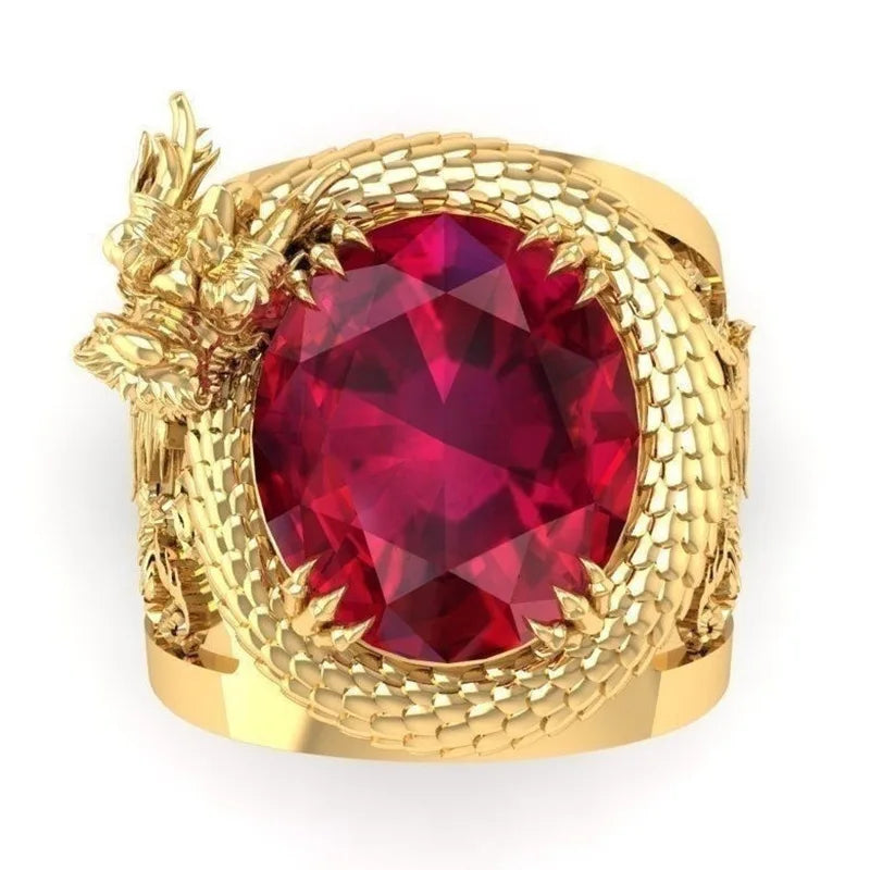 H172 Men's Gold Cocktail Ring Ruby Dragon Oval Claw Setting Natural Stone Animal Pattern Gift Jewelry