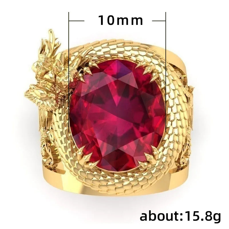 H172 Men's Gold Cocktail Ring Ruby Dragon Oval Claw Setting Natural Stone Animal Pattern Gift Jewelry