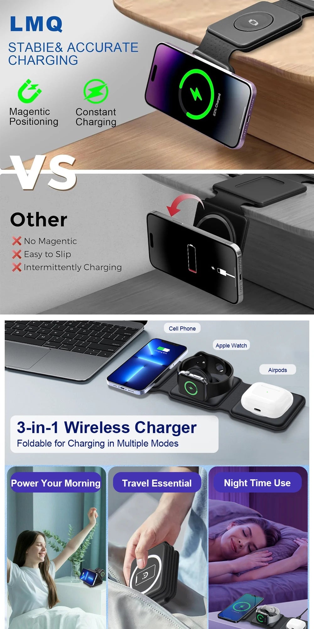 Strong Magnetic Fast Charger Mobile Phone Holder 3 in 1 Foldablw Wireless Chargers for iPhone 17 Pro Max