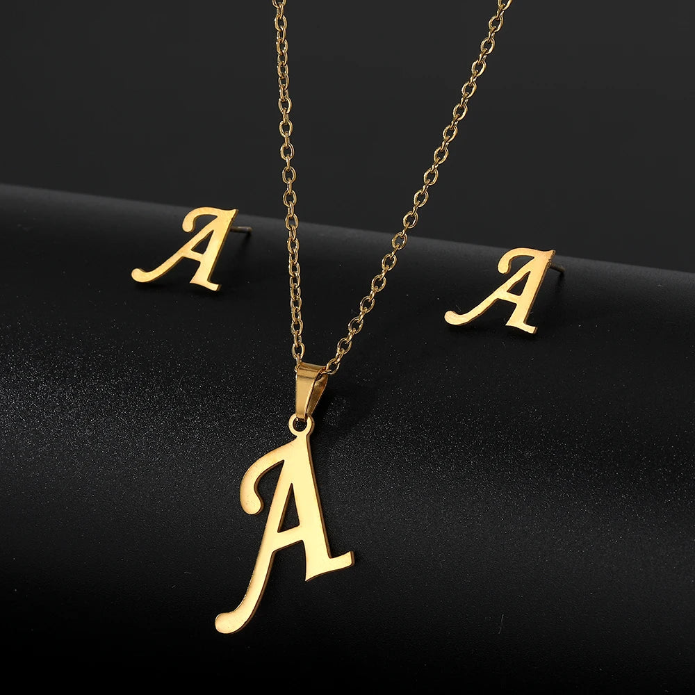 Custom Letter Earrings and Necklace Jewelry Set