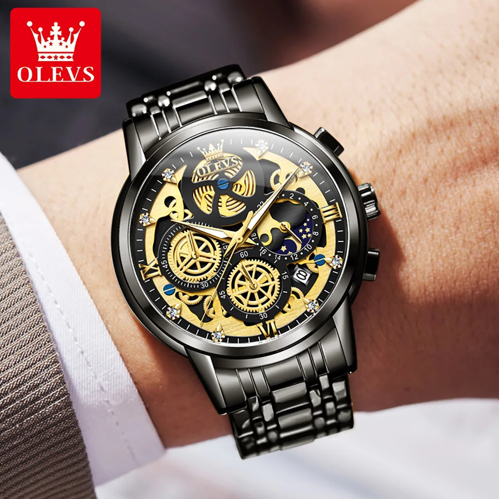 OLEVS Hollowed Out Skeleton Watch Moon Phase  Design Luxury  Quartz Watch for Men