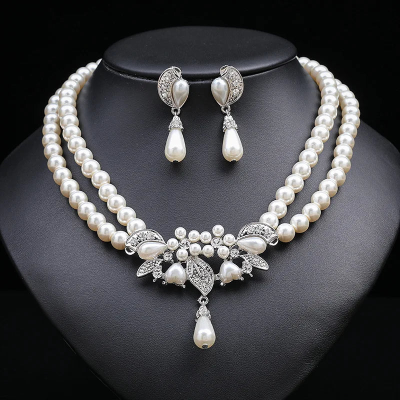 Multi-layer Two-piece Pearl Necklace Earrings Set