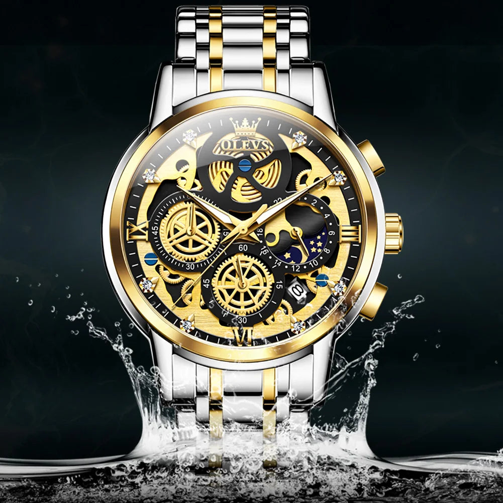 OLEVS Hollowed Out Skeleton Watch Moon Phase  Design Luxury  Quartz Watch for Men