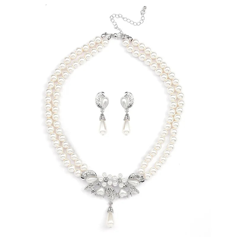 Multi-layer Two-piece Pearl Necklace Earrings Set