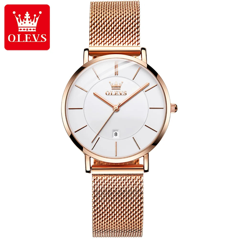 OLEVS Waterproof Fashion Casual Mesh Steel Strap Ultra Thin Elegant Luxury Women's Quartz Watch