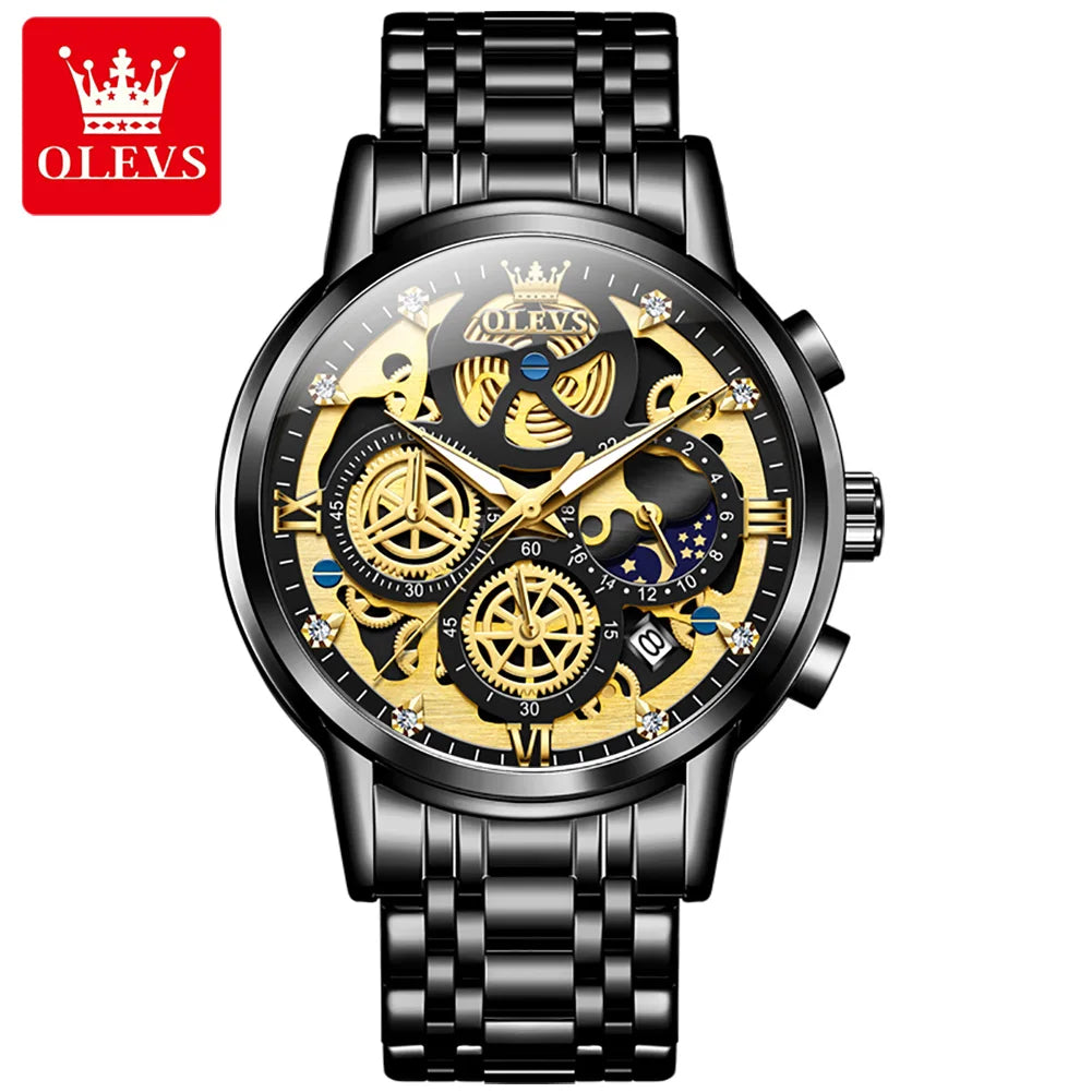 OLEVS Hollowed Out Skeleton Watch Moon Phase  Design Luxury  Quartz Watch for Men