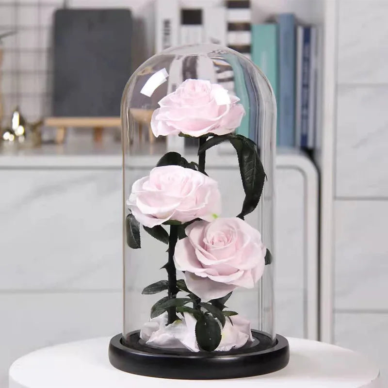 Romantic Valentines Day Gift LED Light Preserved Roses Flower Box Eternal Immortal Dome Rose in Glass