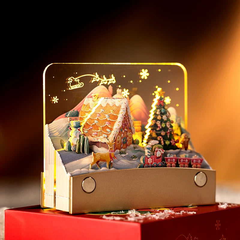 3D Paper Christmas Calendar Desk Decoration Loose Leaf Notes Multi-layer Hollow Design Box Included for Christmas