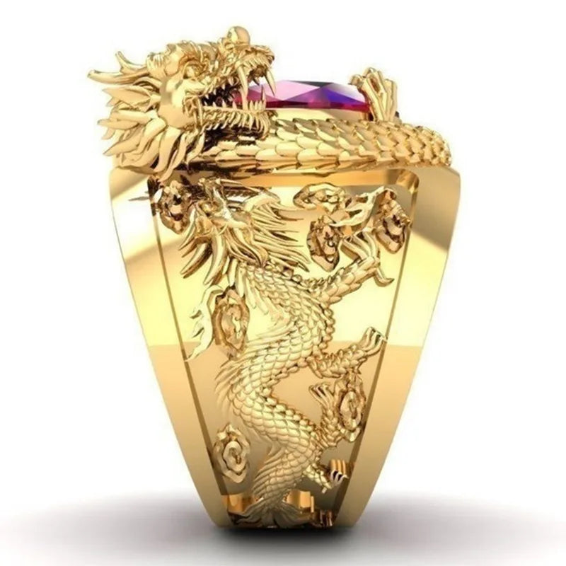 H172 Men's Gold Cocktail Ring Ruby Dragon Oval Claw Setting Natural Stone Animal Pattern Gift Jewelry