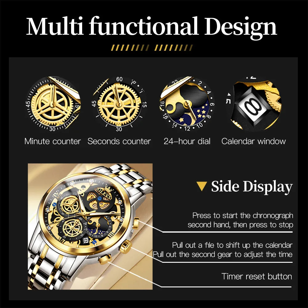 OLEVS Hollowed Out Skeleton Watch Moon Phase  Design Luxury  Quartz Watch for Men