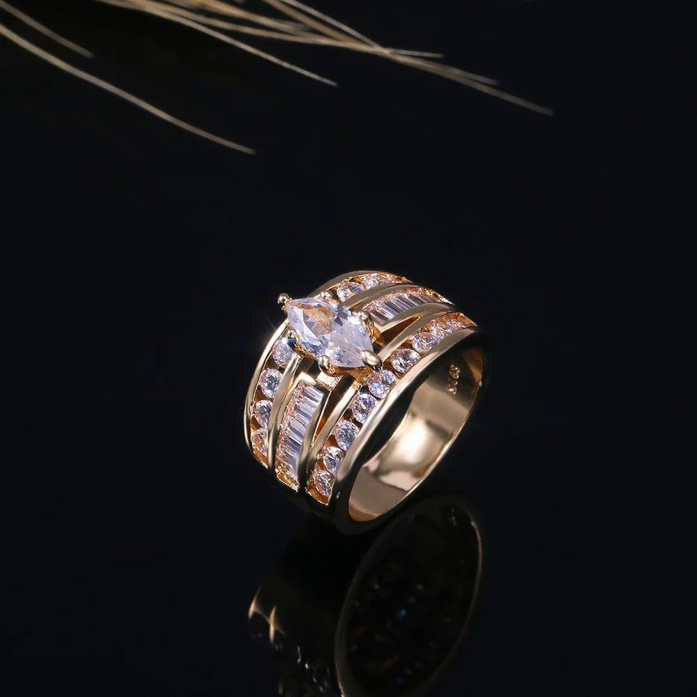 Marquise Cut Womens Ring with Round Brilliant Side Stones Elegant Fashion Jewelry