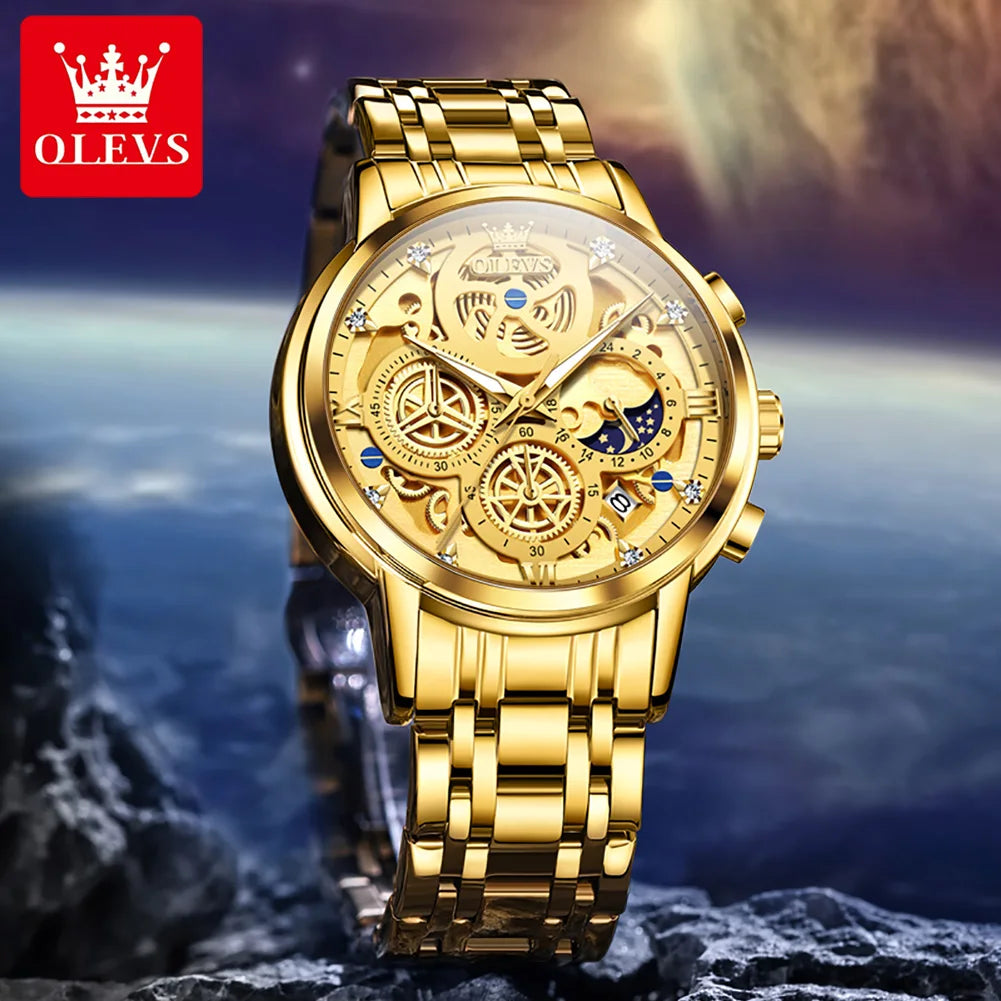 OLEVS Hollowed Out Skeleton Watch Moon Phase  Design Luxury  Quartz Watch for Men