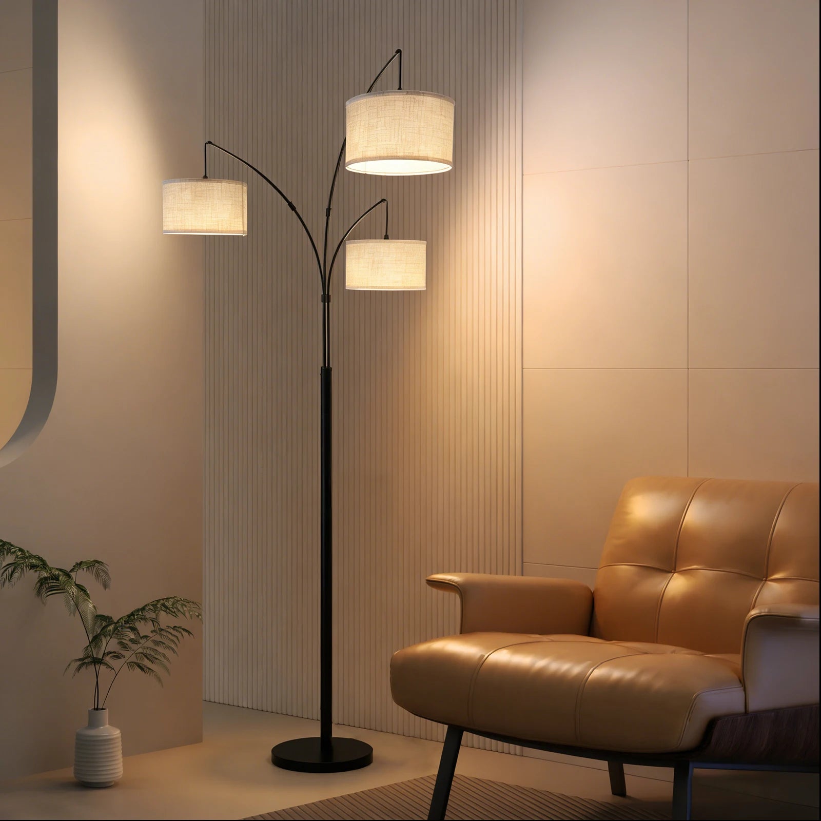 Mid-Century Arc Floor Lamp E26 3 LED Bulbs Adjustable Metal Pole Metal Shade High CRI 90 Dimmable Bedroom Living Room Office