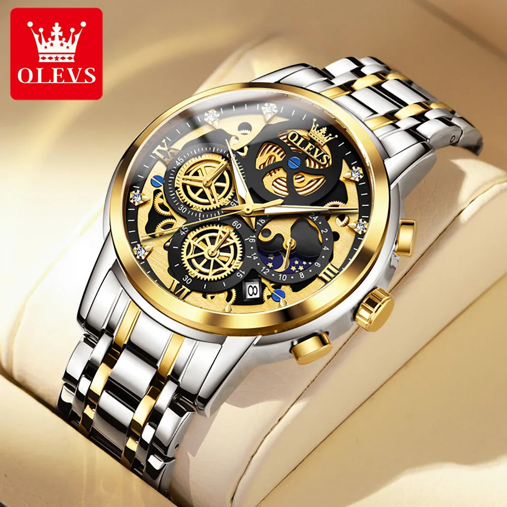 OLEVS Hollowed Out Skeleton Watch Moon Phase  Design Luxury  Quartz Watch for Men