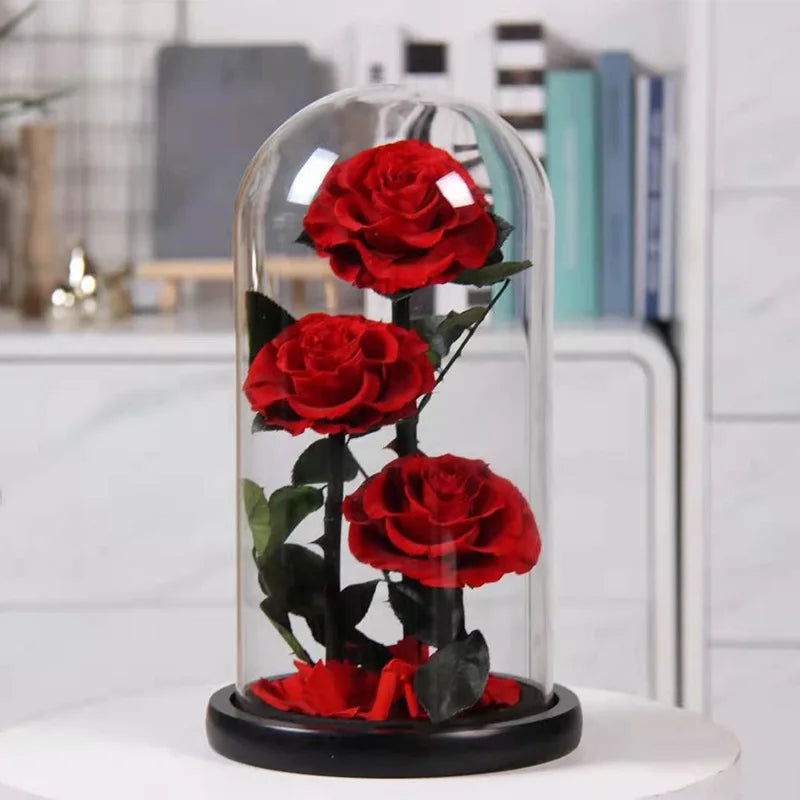 Romantic Valentines Day Gift LED Light Preserved Roses Flower Box Eternal Immortal Dome Rose in Glass