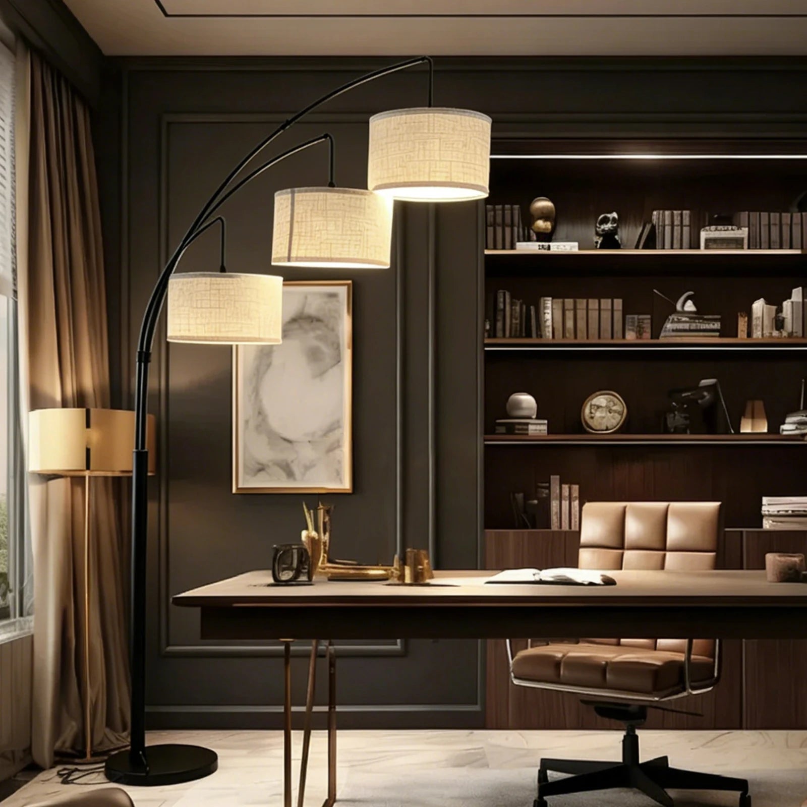 Mid-Century Arc Floor Lamp E26 3 LED Bulbs Adjustable Metal Pole Metal Shade High CRI 90 Dimmable Bedroom Living Room Office