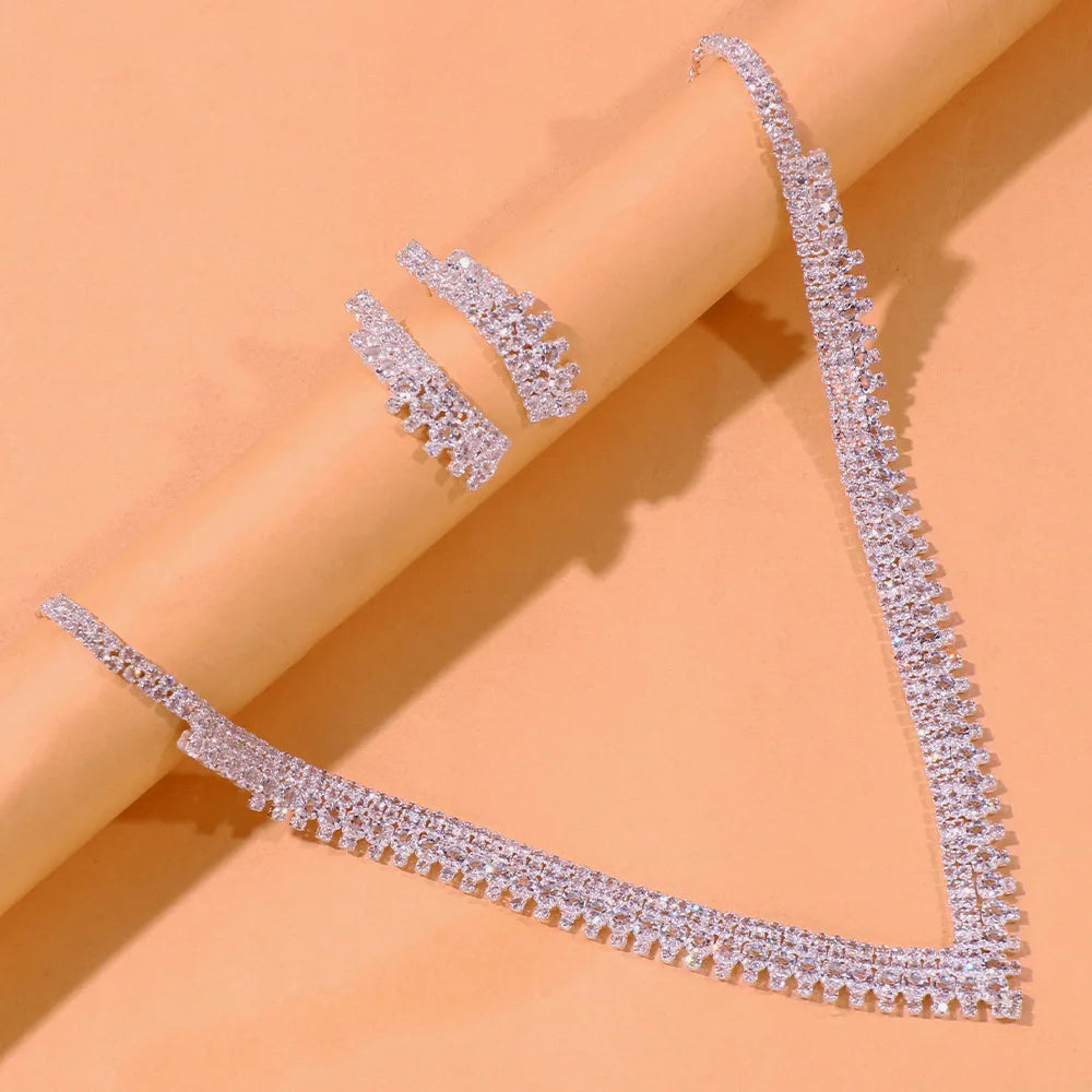 Hot Sale Shiny CZ Zircon Crystal Necklace Earrings Set Europe Luxury Fashion Engagement Wedding Bridal Jewelry Set Women