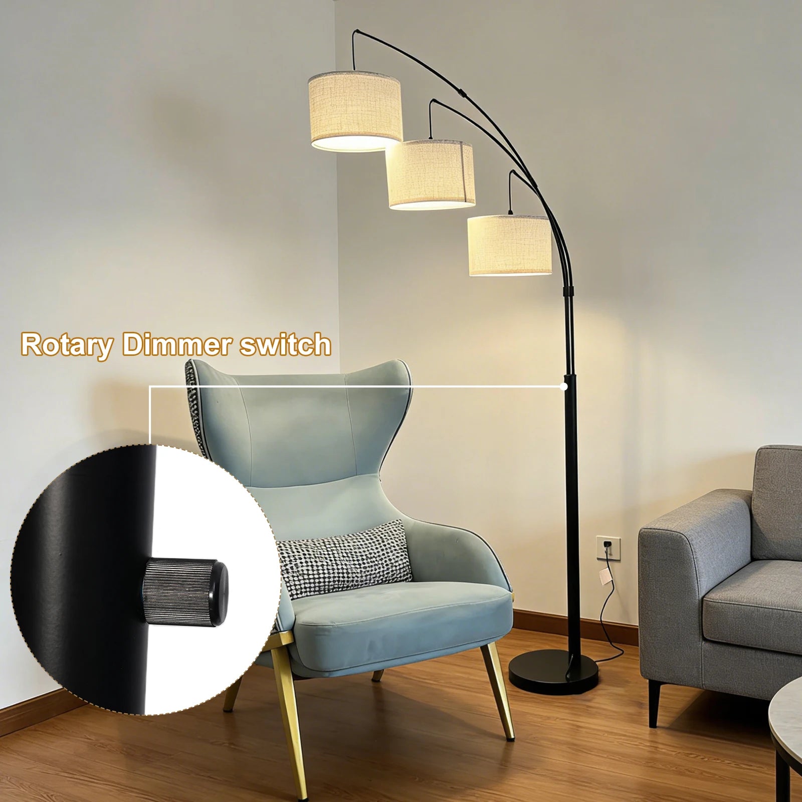 Mid-Century Arc Floor Lamp E26 3 LED Bulbs Adjustable Metal Pole Metal Shade High CRI 90 Dimmable Bedroom Living Room Office