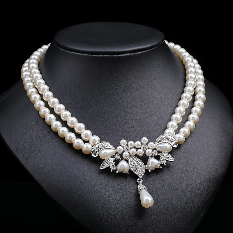 Multi-layer Two-piece Pearl Necklace Earrings Set