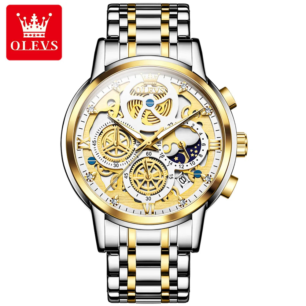 OLEVS Hollowed Out Skeleton Watch Moon Phase  Design Luxury  Quartz Watch for Men