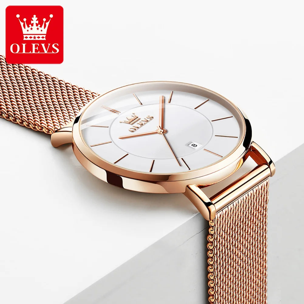 OLEVS Waterproof Fashion Casual Mesh Steel Strap Ultra Thin Elegant Luxury Women's Quartz Watch