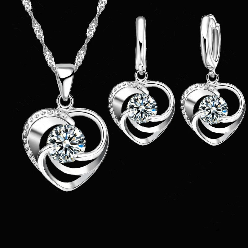 925 Sterling Silver Necklace Earrings Set Long Chain Sweet Romantic Style Love Heart Shape