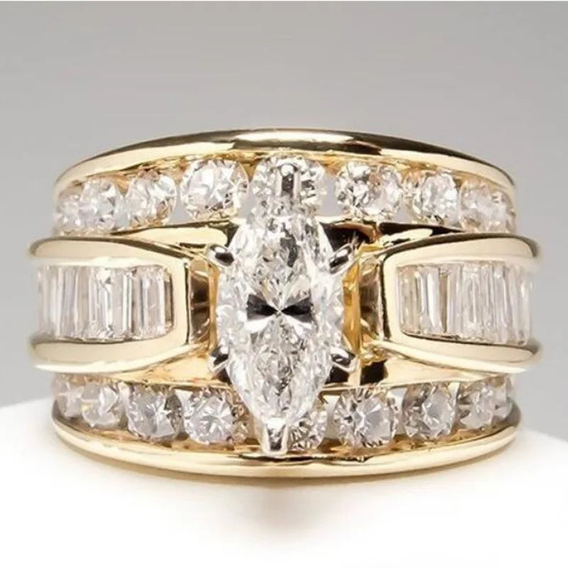 Marquise Cut Womens Ring with Round Brilliant Side Stones Elegant Fashion Jewelry