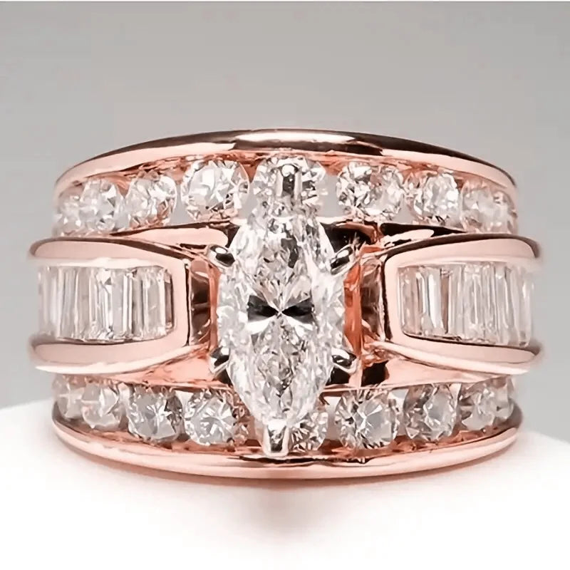 Marquise Cut Womens Ring with Round Brilliant Side Stones Elegant Fashion Jewelry