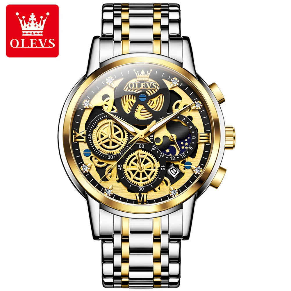 OLEVS Hollowed Out Skeleton Watch Moon Phase  Design Luxury  Quartz Watch for Men