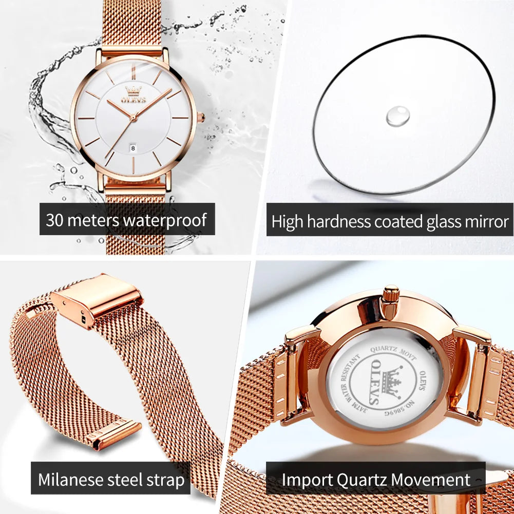 OLEVS Waterproof Fashion Casual Mesh Steel Strap Ultra Thin Elegant Luxury Women's Quartz Watch