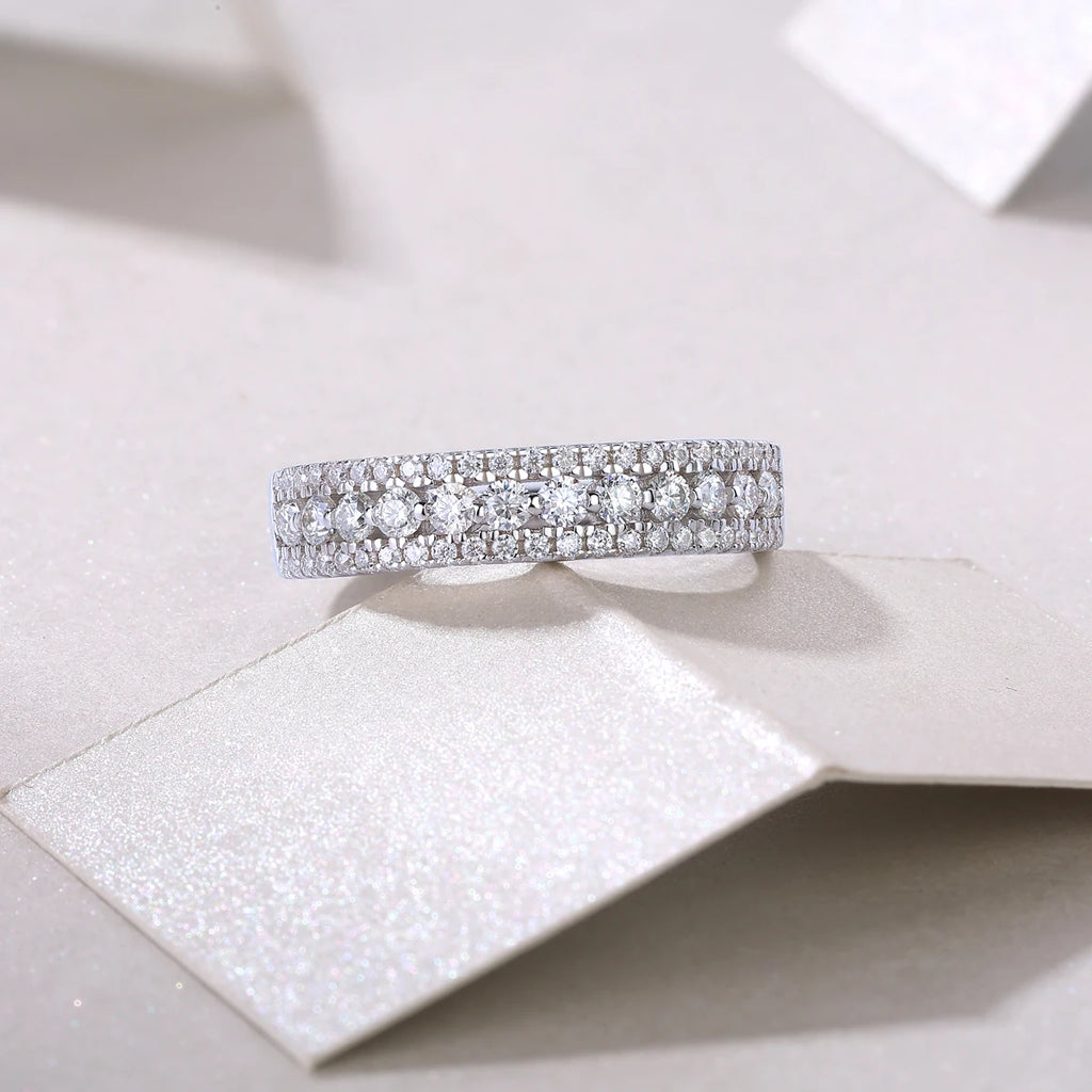 Luxury Three-Row Pave Half Eternity Band Ring S925 Sterling Silver Round Brilliant Cut Moissanite Ring Wedding Stackable Ring