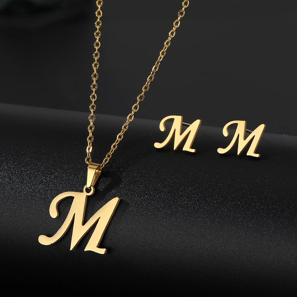 Custom Letter Earrings and Necklace Jewelry Set