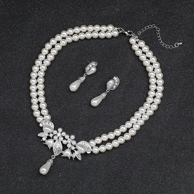 Multi-layer Two-piece Pearl Necklace Earrings Set