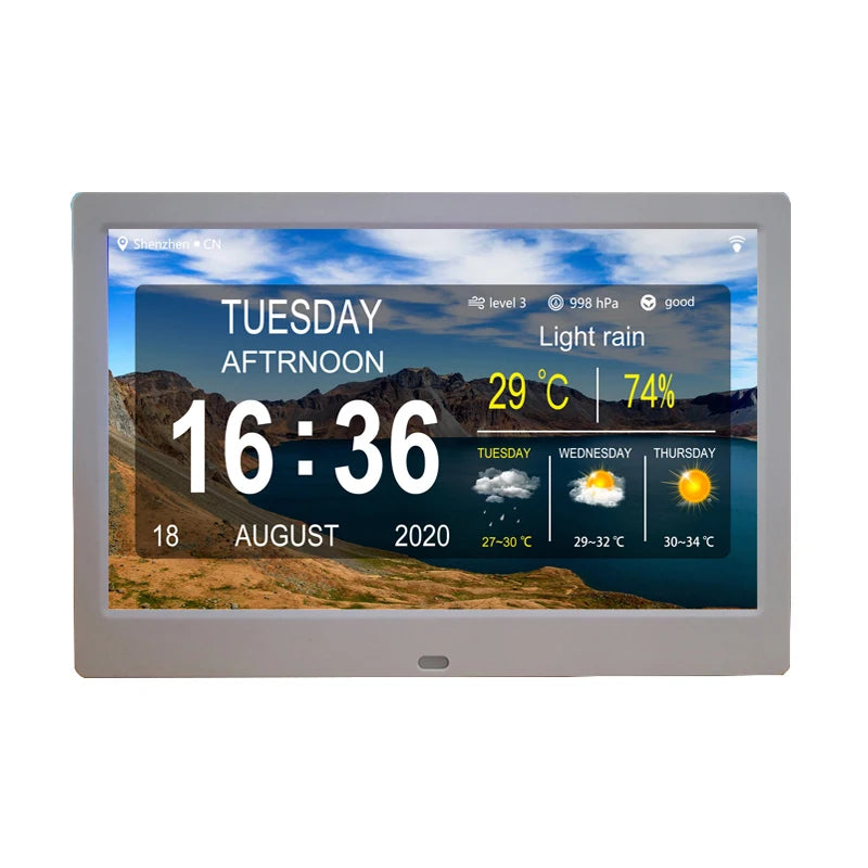 10 Inch Large Table Display 3 Alarms 8 Languages 5 Medicine Reminder White Wifi Led Clock With Photo Video Playback