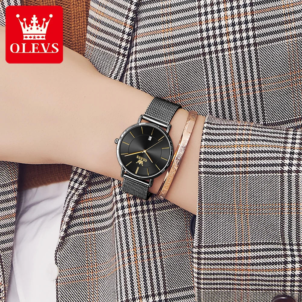 OLEVS Waterproof Fashion Casual Mesh Steel Strap Ultra Thin Elegant Luxury Women's Quartz Watch