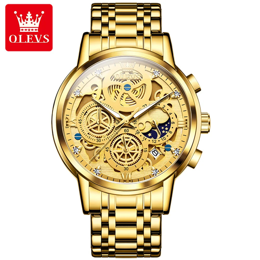 OLEVS Hollowed Out Skeleton Watch Moon Phase  Design Luxury  Quartz Watch for Men