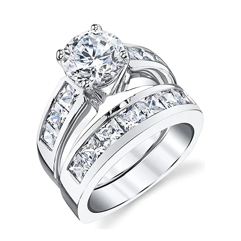 Women's Classic Round Brilliant Cut Bridal Ring Set with Zirconia Claw Setting Elegant Wedding Jewelry