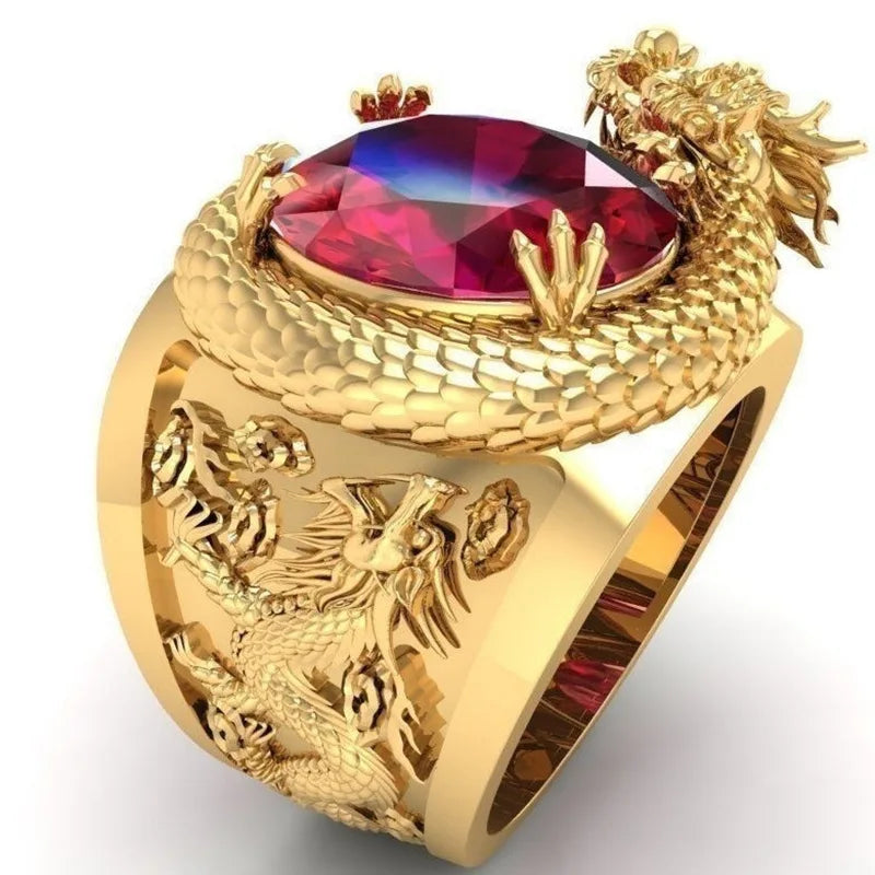 H172 Men's Gold Cocktail Ring Ruby Dragon Oval Claw Setting Natural Stone Animal Pattern Gift Jewelry