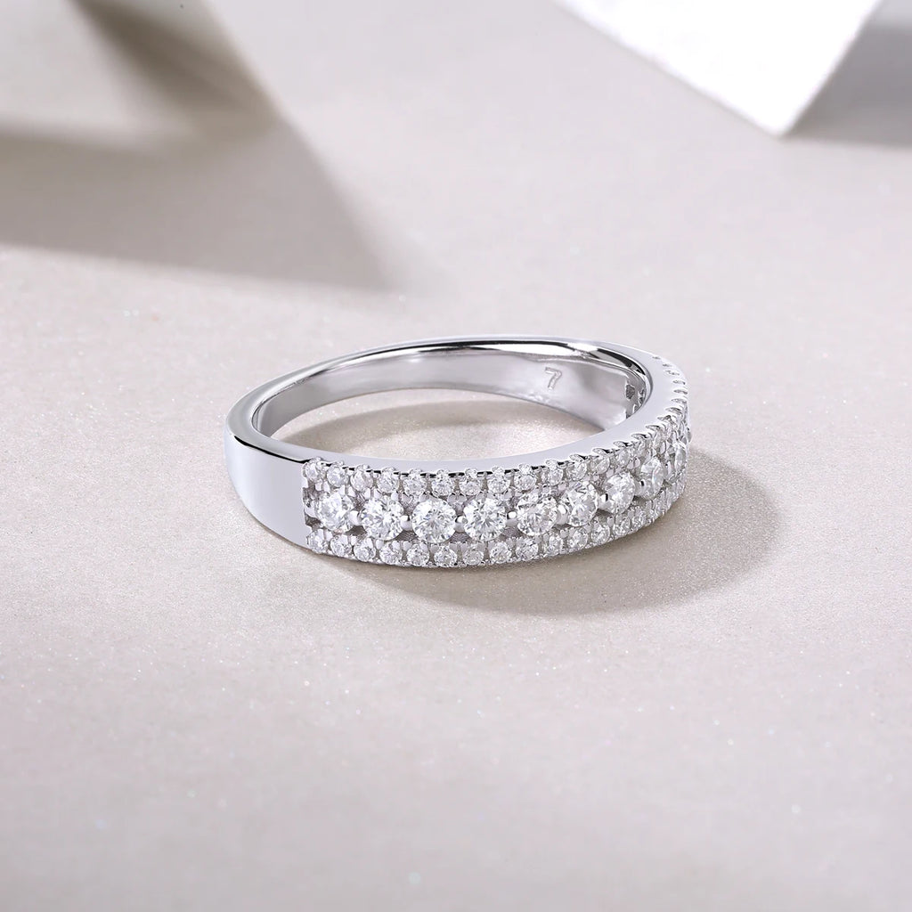 Luxury Three-Row Pave Half Eternity Band Ring S925 Sterling Silver Round Brilliant Cut Moissanite Ring Wedding Stackable Ring