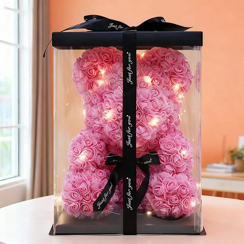 Valentine Gifts Decoration Rose Bear Artificial Flower With Box Lights Teddy Bear for Women Girlfriend Birthday Gift Love Flower