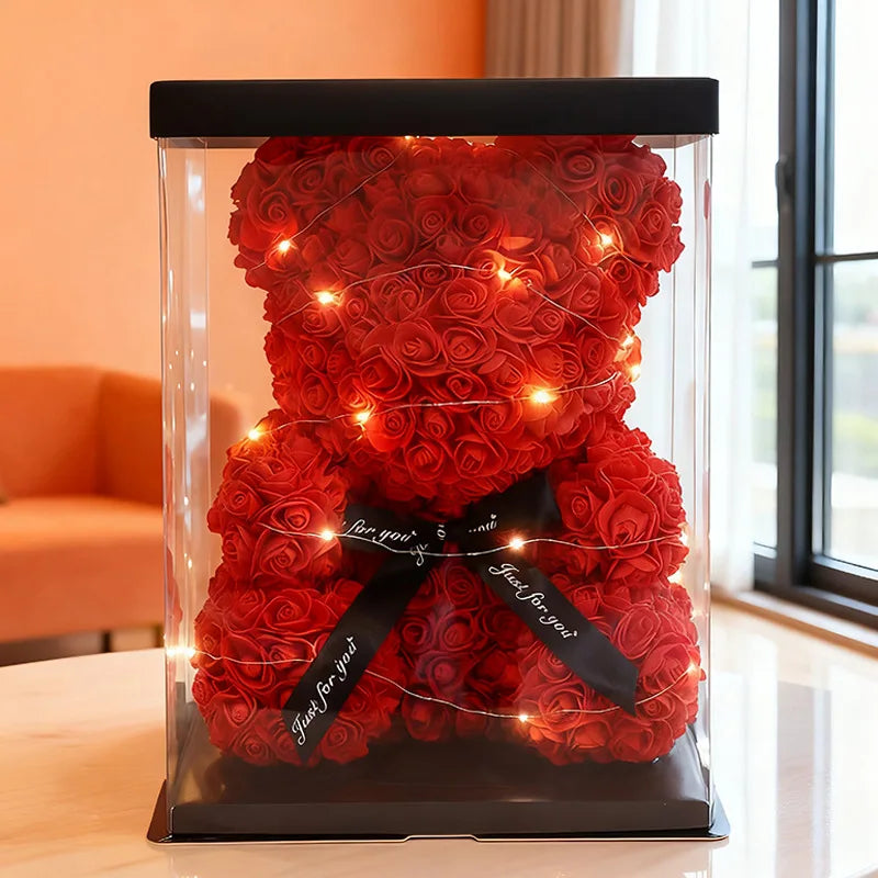 Valentine Gifts Decoration Rose Bear Artificial Flower With Box Lights Teddy Bear for Women Girlfriend Birthday Gift Love Flower
