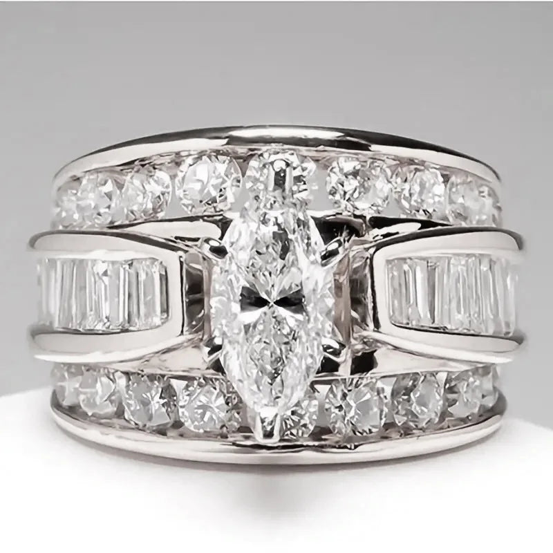 Marquise Cut Womens Ring with Round Brilliant Side Stones Elegant Fashion Jewelry